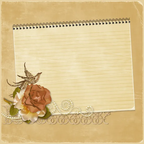 Tło z notebooka i róża — Zdjęcie stockowe