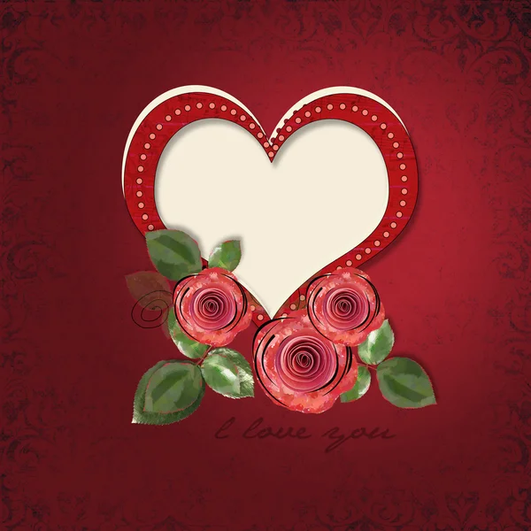 Ευχετήρια κάρτα με την καρδιά και τα τριαντάφυλλα — Φωτογραφία Αρχείου