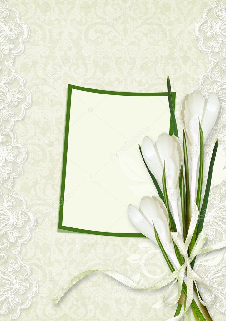 Vintage lace background with frame and snowdrops