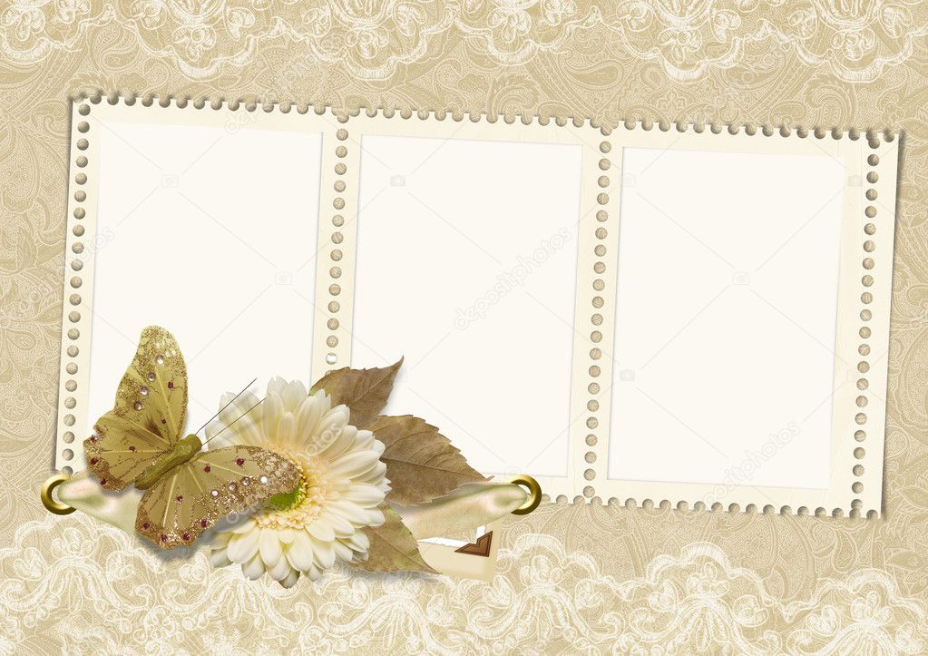 Vintage frame on lace background with butterfly and flower