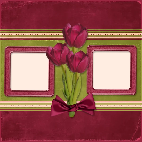 Tarjeta de felicitación vintage con marco y tulipanes —  Fotos de Stock