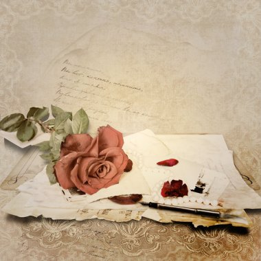 Vintage background with rose and old cards clipart