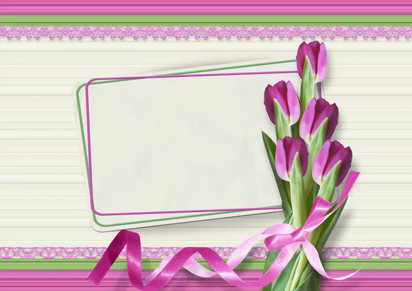 Bukett med rosa tulpaner med en kort — Stockfoto