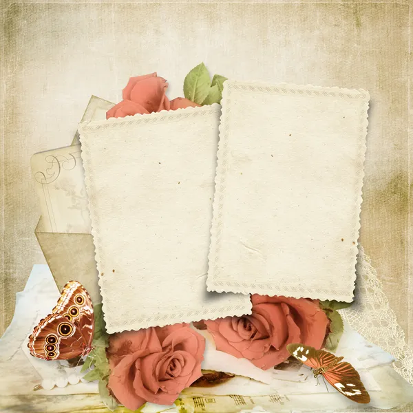 Vintage background with rose and old cards — Stock Photo, Image