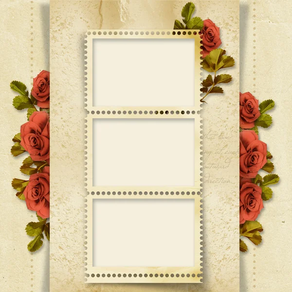 Old stamp-frame on vintage background with roses — Stock Photo, Image