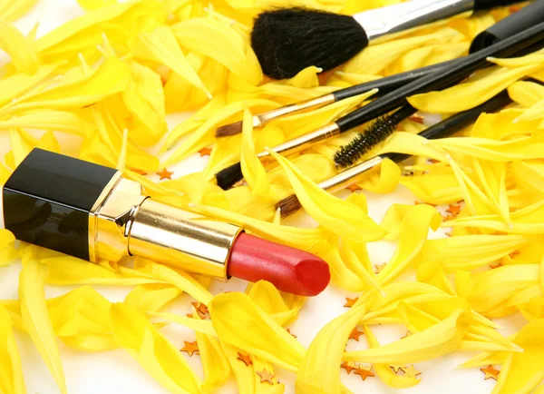 Decorative cosmetics and petals — Stock Photo, Image