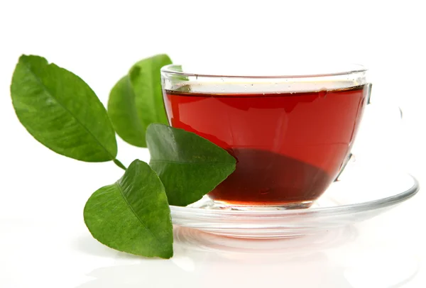 Τσάι σε μια κούπα και ένα πράσινο φύλλο — Φωτογραφία Αρχείου