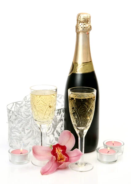 Champagne en bloemen — Stockfoto