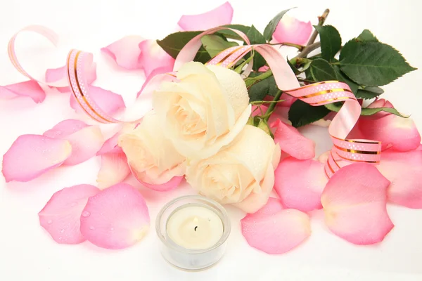 Bouquet de roses et banderole — Photo