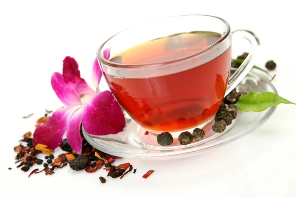 Tee und rosa Orchidee — Stockfoto