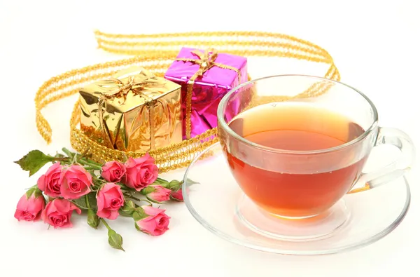 Tea and box with a gift — Stock Photo, Image