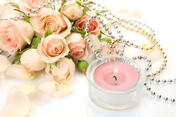 Fine roses and candle — Stock Photo, Image