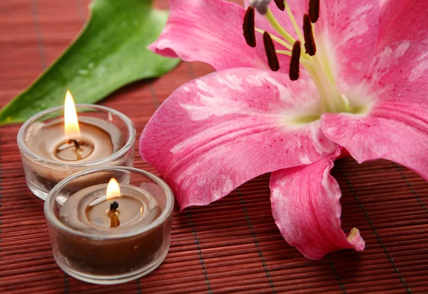 Růžové lilie a svíčky — Stock fotografie