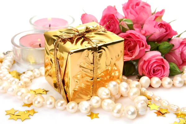 Boxes with gifts and roses — Stock Photo, Image