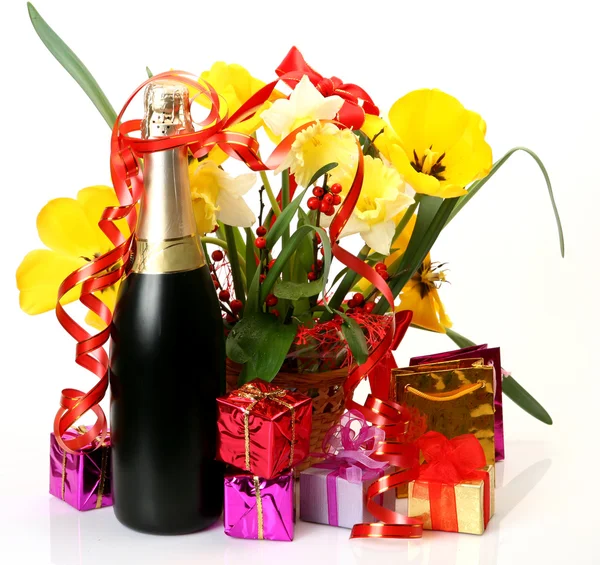 Champanhe e flores — Fotografia de Stock