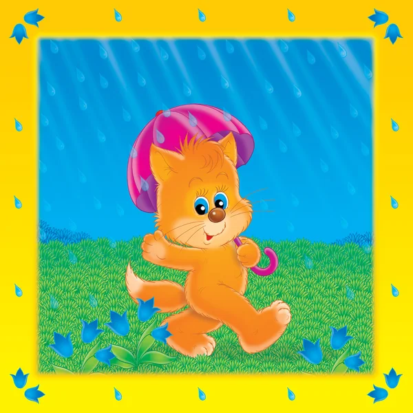 步行猫与粉红色的雨伞 — 图库照片
