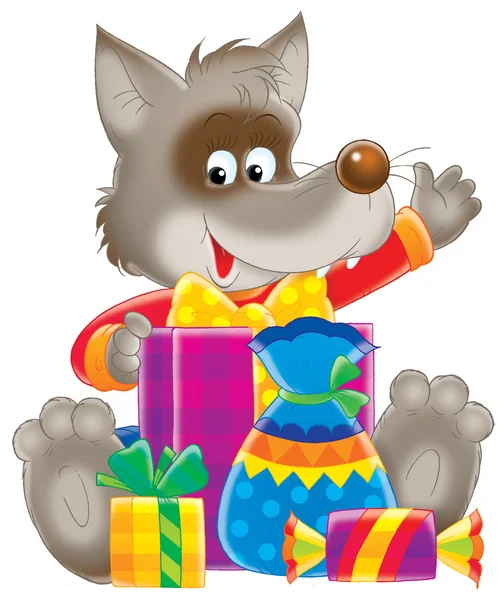 Wolf with gifts — Stock Photo, Image