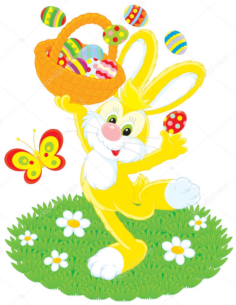 Easter Bunny dances with a basket of painted eggs