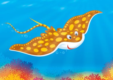 Ray swims over a coral reef clipart