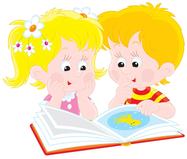 Anak perempuan dan laki-laki membaca buku - Stok Vektor