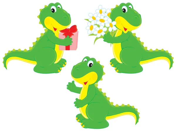 Dinosaure avec un cadeau et nosegay — Image vectorielle