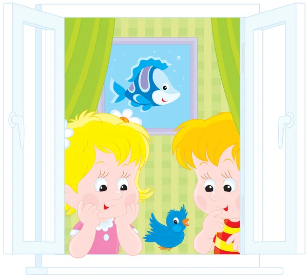 Dívka a chlapec hrát s vrabec — Stockový vektor