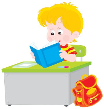 Schoolboy reading a textbook clipart