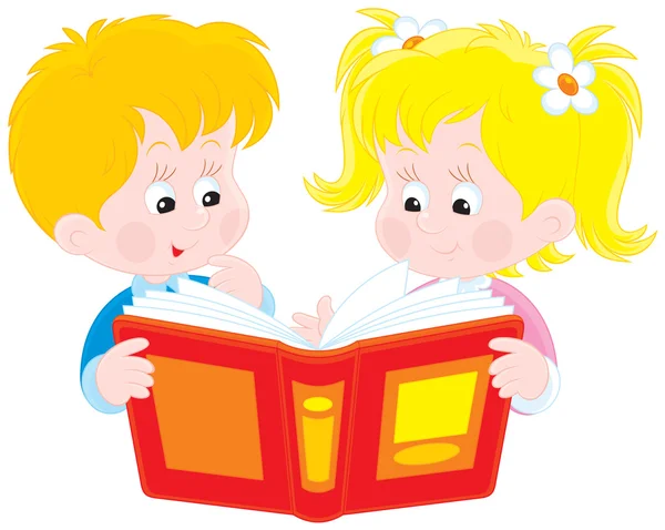 Mädchen und Junge lesen ein Buch — Stockvektor
