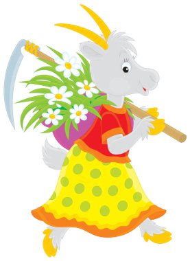 Goat with a scythe and mown grass clipart
