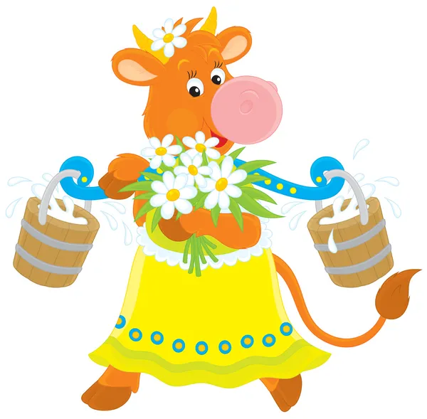 Vaca com leite e flores — Vetor de Stock