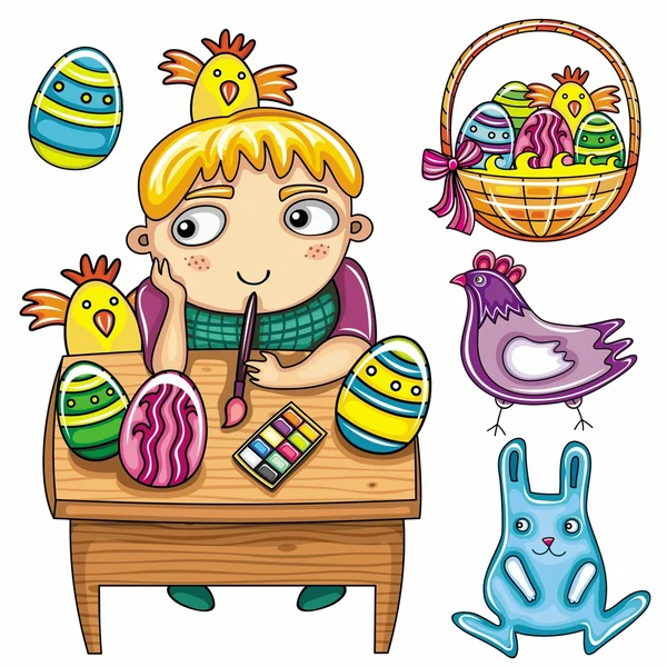 Húsvéti tojásfestés fiú — Stock Vector