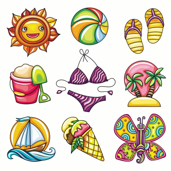 Conjunto de 9 ícones de verão e praia — Vetor de Stock