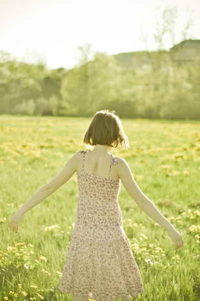 Stylized photo of a young woman on the field — Stock Photo, Image