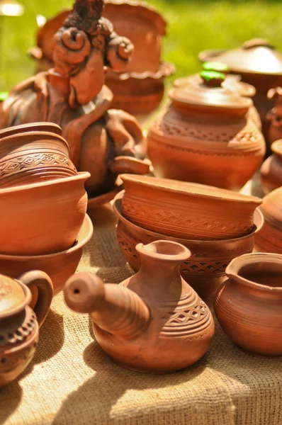 Rustic handmade ceramic and clay brown pots — Stock Photo, Image
