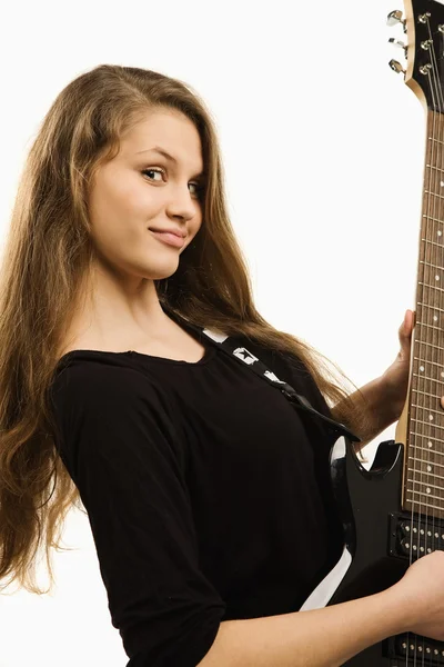 Šťastný dospívající dívka hraje kytara — Stock fotografie