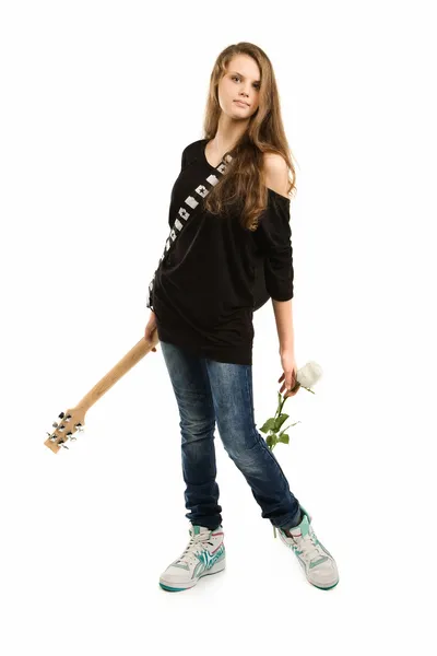 Glad pige med elektrisk guitar - Stock-foto