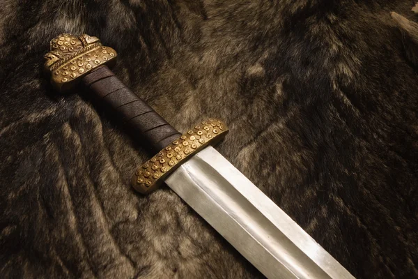 Stilleven met Scandinavische zwaard op een bont — Stockfoto