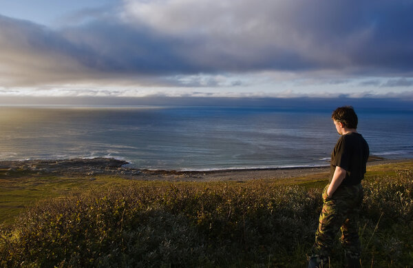 Человек стоит на скале на арктическом побережье
