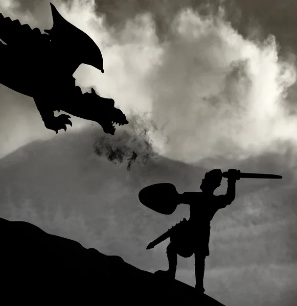 Ortaçağ Şövalyesi ejderha mücadele — Stok fotoğraf