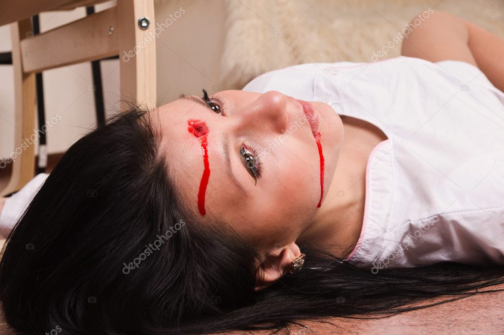 Crime scene imitation. Nurse on the floor