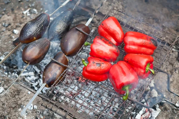Berinjelas e pimenta vermelha na churrasqueira — Fotografia de Stock