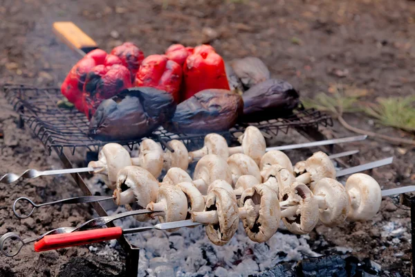 Paddestoelen, aubergines en rode peper op bbq grill — Stockfoto