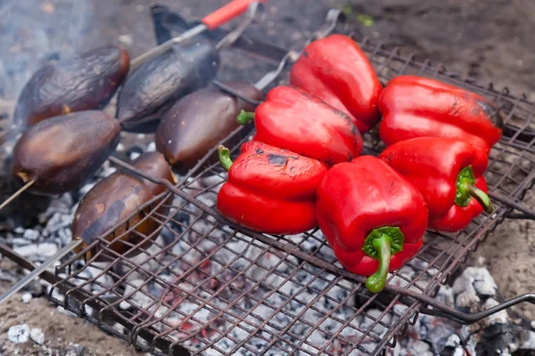 Pimenta grelhada vermelha e berinjelas na churrasqueira — Fotografia de Stock