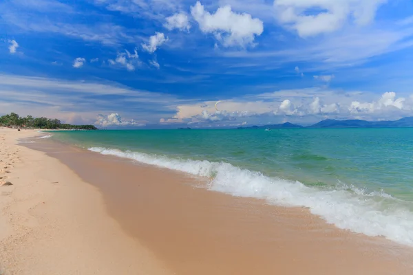 Blauwe hemel en zand strand met wakeboarder — Stockfoto