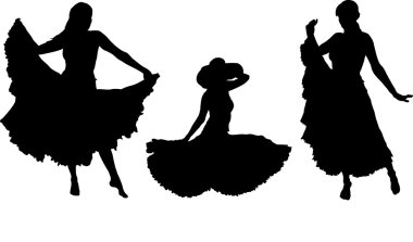 Girl in gipsy skirt silhouettes set clipart