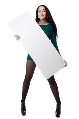 Beautiful sexy woman holding empty white board. clipart