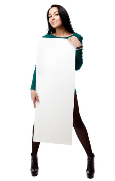Beautiful sexy woman holding empty white board. — Stock Photo, Image