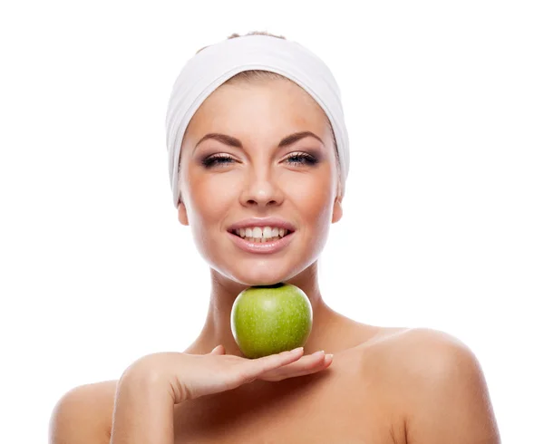 Vrouw met groene appel. — Stockfoto