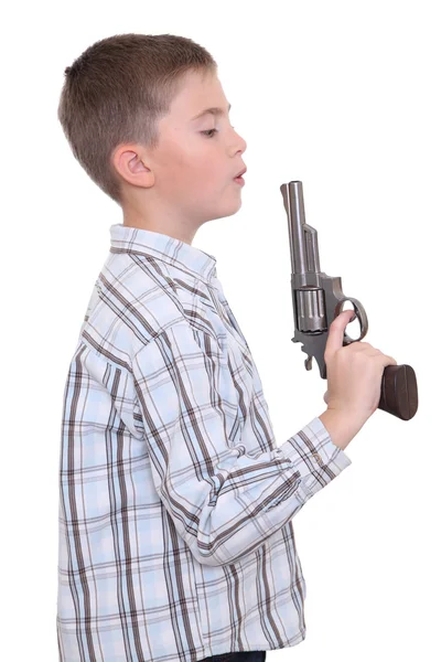 男孩拿着玩具枪 — 图库照片