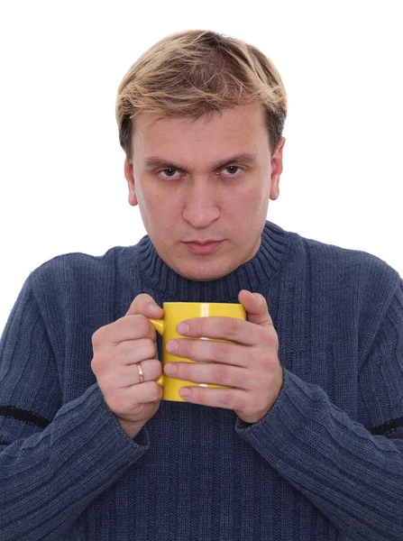 Man with cup of hot drink — Stock Photo, Image